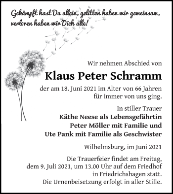 Traueranzeige von Klaus Peter Schramm von Haff-Zeitung