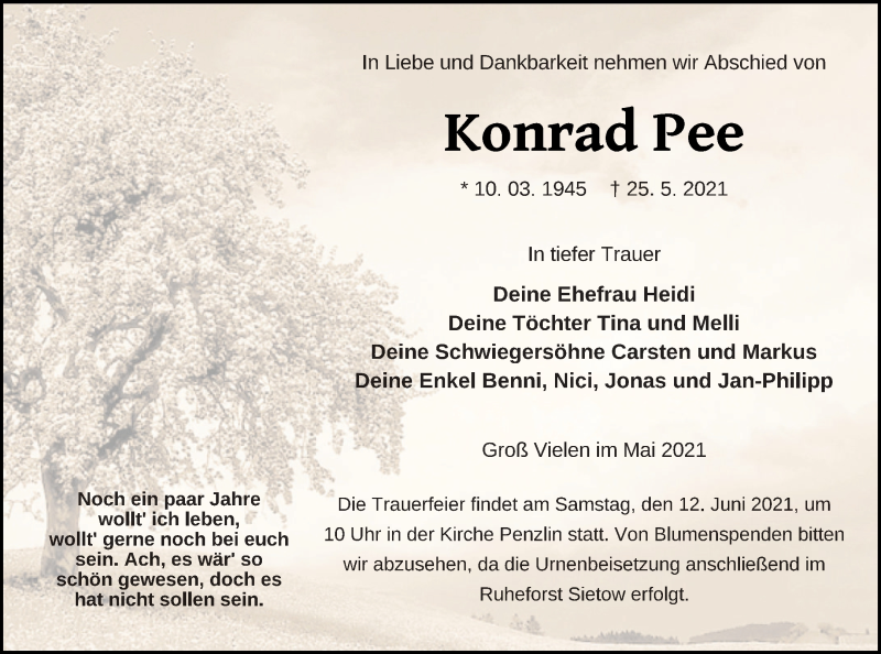  Traueranzeige für Konrad Pee vom 01.06.2021 aus Müritz-Zeitung