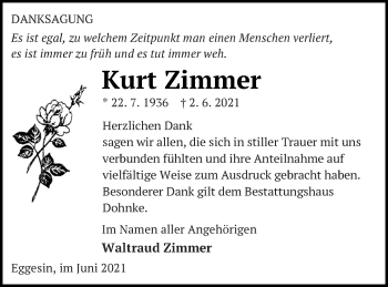 Traueranzeige von Kurt Zimmer von Haff-Zeitung