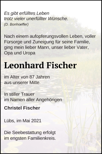 Traueranzeige von Leonhard Fischer von Haff-Zeitung