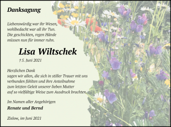 Traueranzeige von Lisa Wiltschek von Müritz-Zeitung