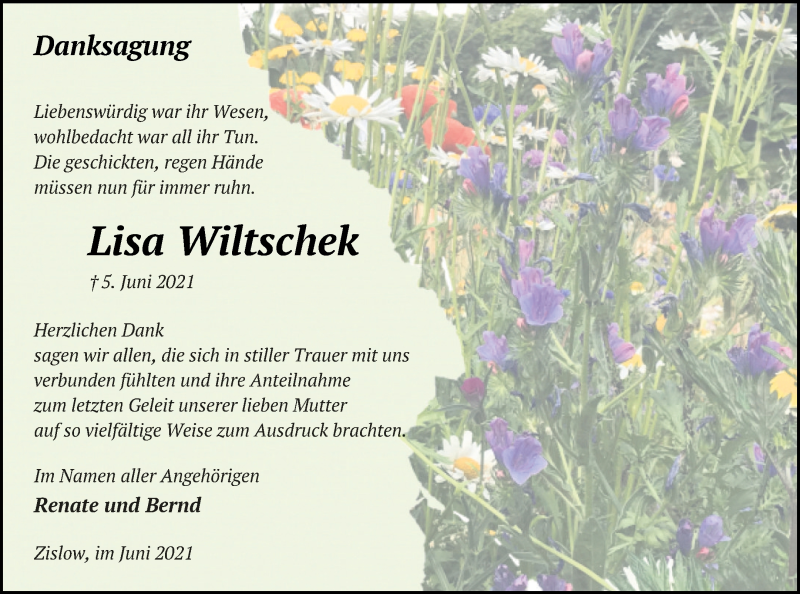  Traueranzeige für Lisa Wiltschek vom 26.06.2021 aus Müritz-Zeitung