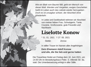 Traueranzeige von Liselotte KOnow von Neubrandenburger Zeitung