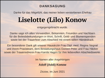 Traueranzeige von Liselotte KOnow von Neubrandenburger Zeitung