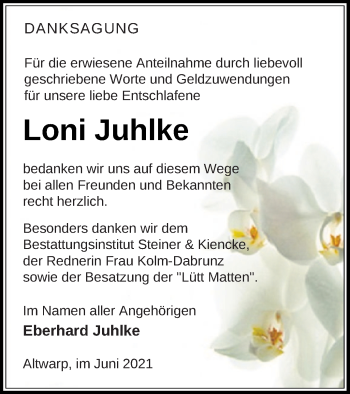 Traueranzeige von Loni Juhlke von Haff-Zeitung