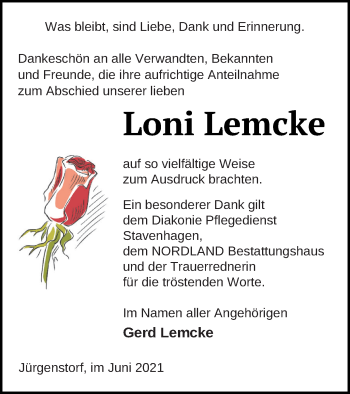 Traueranzeige von Loni Lemcke von Mecklenburger Schweiz