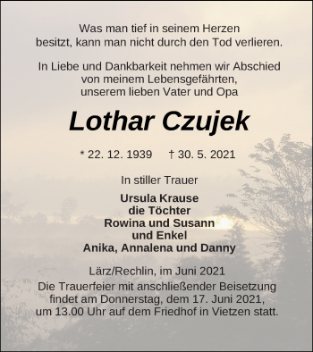 Traueranzeige von Lothar Czujek von Müritz-Zeitung