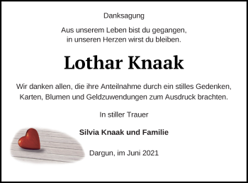 Traueranzeige von Lothar Knaak von Mecklenburger Schweiz