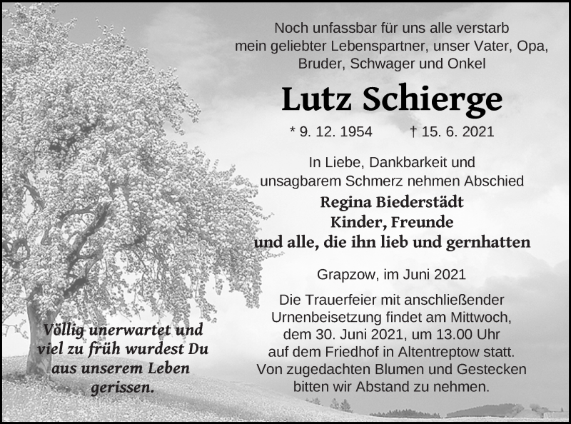  Traueranzeige für Lutz Schierge vom 23.06.2021 aus Neubrandenburger Zeitung