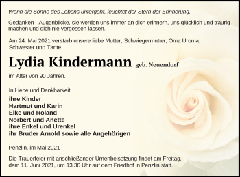 Traueranzeige von Lydia Kindermann von Müritz-Zeitung