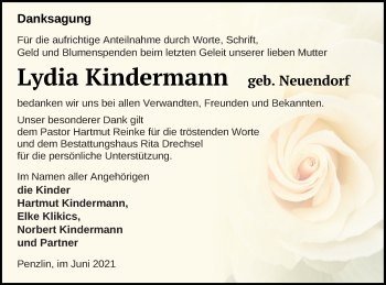 Traueranzeige von Lydia Kindermann von Müritz-Zeitung