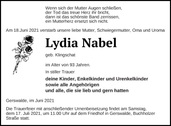 Traueranzeige von Lydia Nabel von Templiner Zeitung