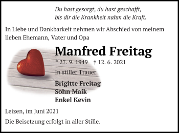 Traueranzeige von Manfred Freitag von Müritz-Zeitung