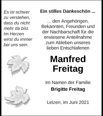 Traueranzeige von Manfred Freitag von Müritz-Zeitung