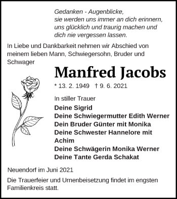 Traueranzeige von Manfred Jacobs von Müritz-Zeitung