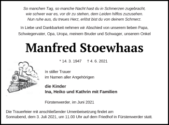 Traueranzeige von Manfred Stoewhaas von Prenzlauer Zeitung