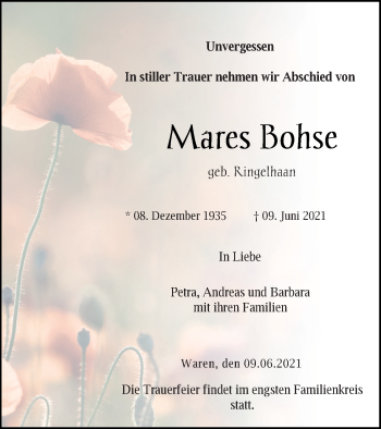 Traueranzeige von Mares Bohse von Müritz-Zeitung