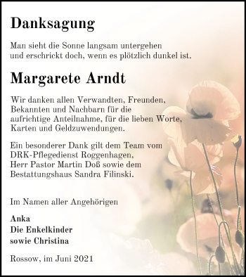 Traueranzeige von Margarete Arndt von Neubrandenburger Zeitung