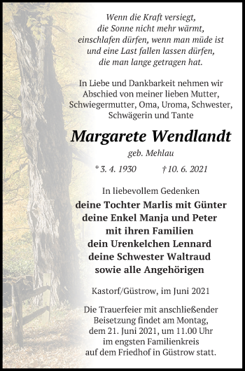 Traueranzeige von Margarete Wendlandt von Neubrandenburger Zeitung