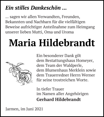 Traueranzeige von Maria Hildebrandt von Vorpommern Kurier