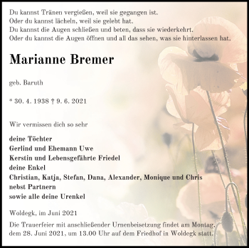 Traueranzeige von Marianne Bremer von Strelitzer Zeitung