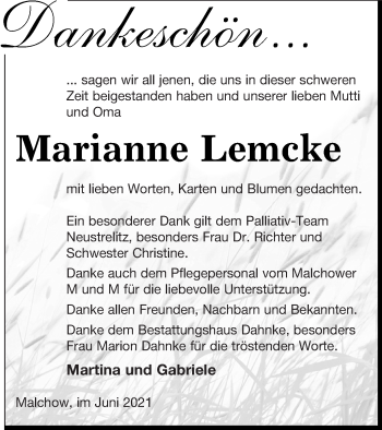 Traueranzeige von Marianne Lemcke von Müritz-Zeitung