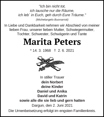 Traueranzeige von Marita Peters von Mecklenburger Schweiz