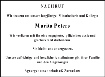 Traueranzeige von Marita Peters von Mecklenburger Schweiz