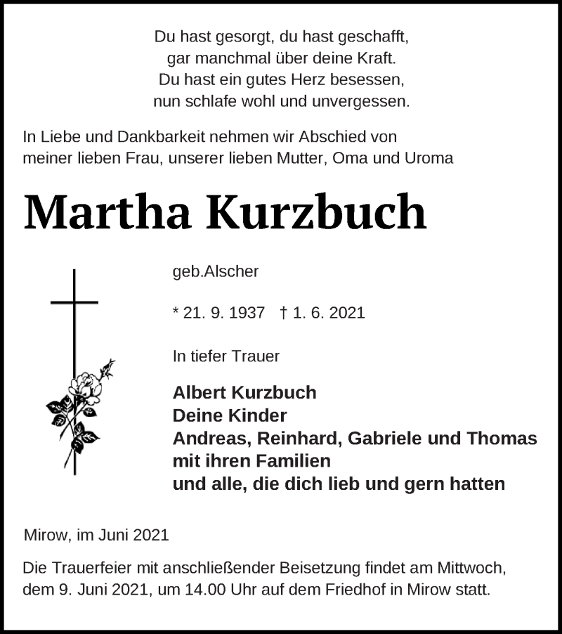  Traueranzeige für Martha Kurzbuch vom 05.06.2021 aus Strelitzer Zeitung