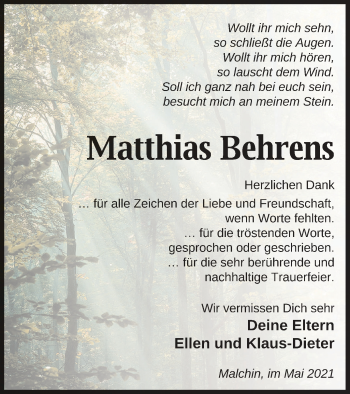 Traueranzeige von Matthias Behrens von Mecklenburger Schweiz