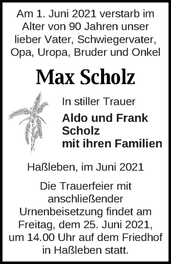 Traueranzeige von Max Scholz von Templiner Zeitung