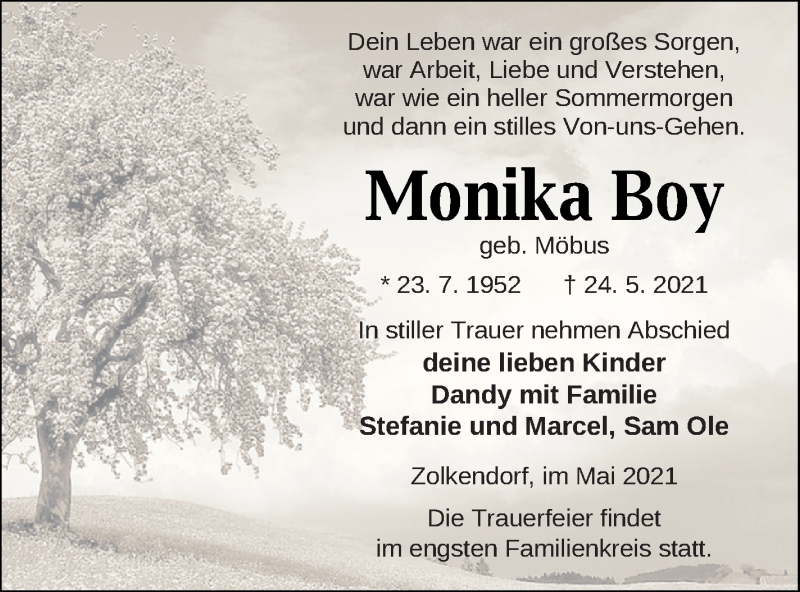  Traueranzeige für Monika Boy vom 04.06.2021 aus Mecklenburger Schweiz