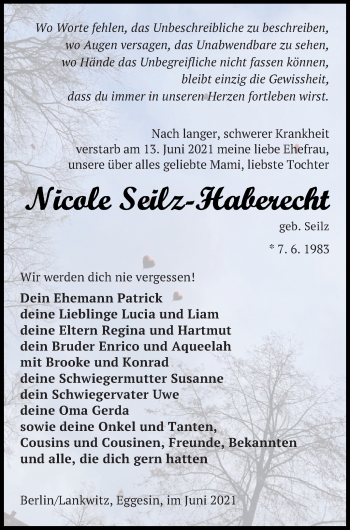 Traueranzeige von Nicole Seilz-Haberecht von Haff-Zeitung