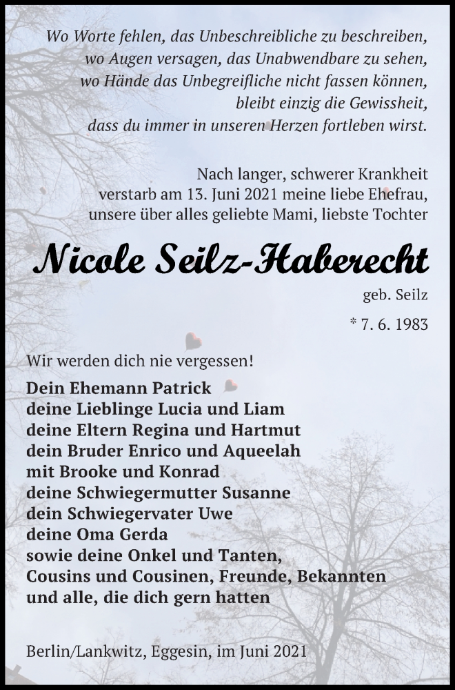  Traueranzeige für Nicole Seilz-Haberecht vom 22.06.2021 aus Haff-Zeitung