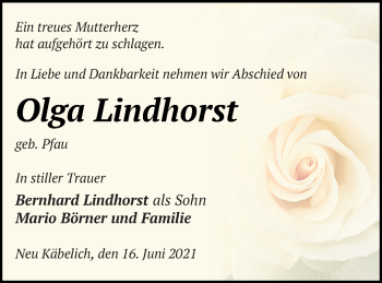 Traueranzeige von Olga Lindhorst von Neubrandenburger Zeitung