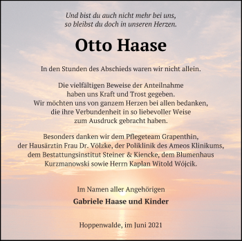 Traueranzeige von Otto Haase von Haff-Zeitung