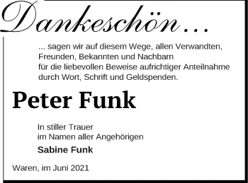 Traueranzeige von Peter Funk von Müritz-Zeitung