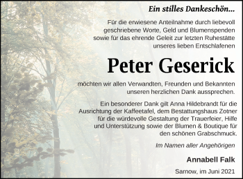 Traueranzeige von Peter Geserick von Vorpommern Kurier