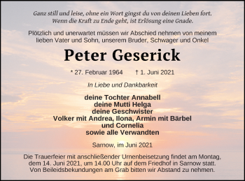 Traueranzeige von Peter Geserick von Vorpommern Kurier