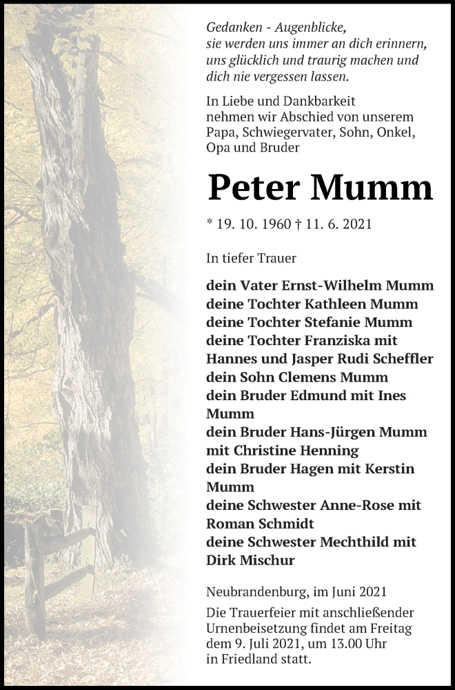  Traueranzeige für Peter Mumm vom 18.06.2021 aus Neubrandenburger Zeitung