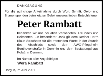 Traueranzeige von Peter Rambatt von Mecklenburger Schweiz