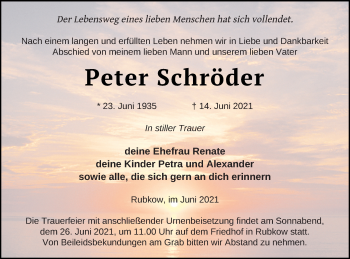 Traueranzeige von Peter Schröder von Vorpommern Kurier