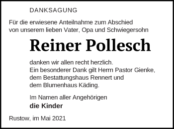 Traueranzeige von Reiner Pollesch von Vorpommern Kurier