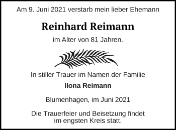 Traueranzeige von Reinhard Reimann von Neubrandenburger Zeitung