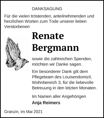 Traueranzeige von Renate Bergmann von Strelitzer Zeitung