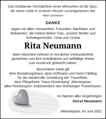 Traueranzeige von Rita Neumann von Neubrandenburger Zeitung