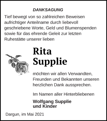 Traueranzeige von Rita Supplie von Mecklenburger Schweiz