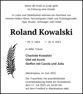 Traueranzeige von Roland Kowalski von Neubrandenburger Zeitung