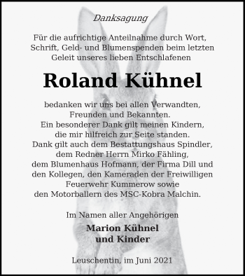 Traueranzeige von Roland Kühnel von Mecklenburger Schweiz