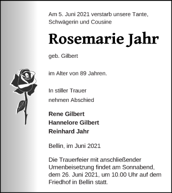 Traueranzeige von Rosemarie Jahr von Haff-Zeitung